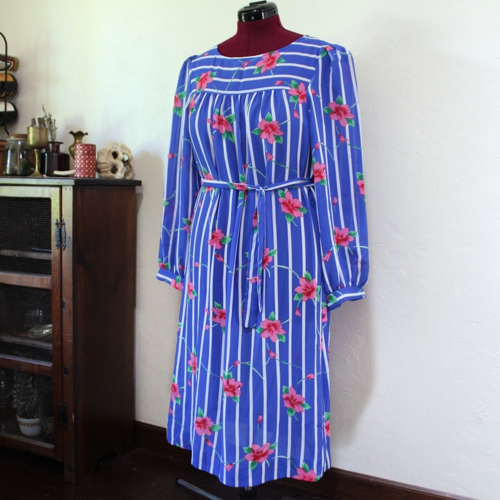 1970s belted stripe & floral dress